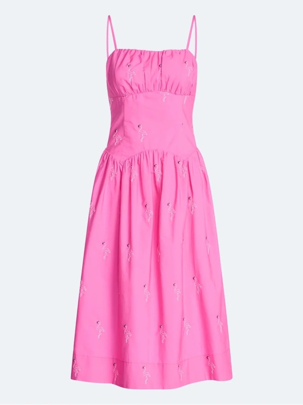 Free Assembly Women’s Pink Flamingo Embroidered Drop Waist Midi Dress